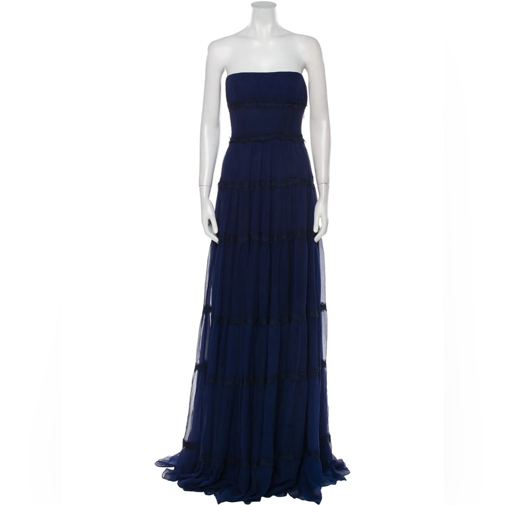 Sophia Kah Navy Blue Strapless Ruffle Evening Gown